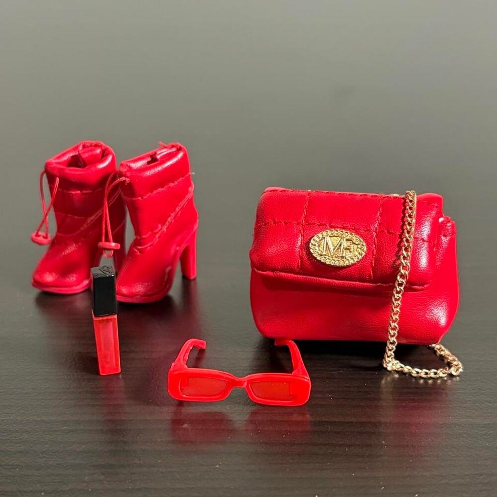 Doll Accessories set with boots, purse, glasses, and lipstick- Red Leather